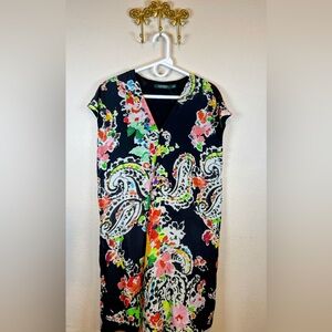 Ralph Lauren Classic Black Dress with paisley colorful print. Silk blend size 6